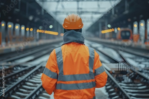 Inspection of Railway Switch Construction by Engineer in Safety Gear at a Railroad Station. Concept Railway Safety Inspection, Engineer in Safety Gear, Railroad Switch Construction © Anastasiia