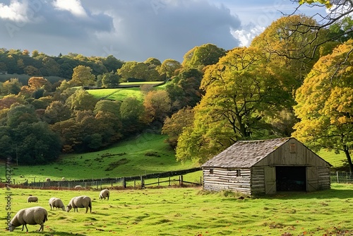 A peaceful countryside landscape with a barn and grazing sheep in autumn.