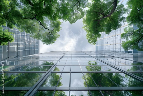 Modern ecofriendly glass office building with trees reducing carbon dioxide emissions in a green urban environment. Concept Eco-Friendly Architecture, Urban Greenery, Glass Office Buildings