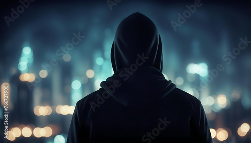 Back view hoodie person with city lights and copy space