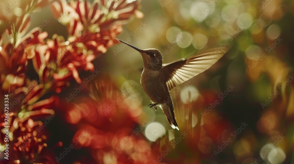 Naklejka premium A cinematic shot of a hummingbird in mid-flight AI generated illustration