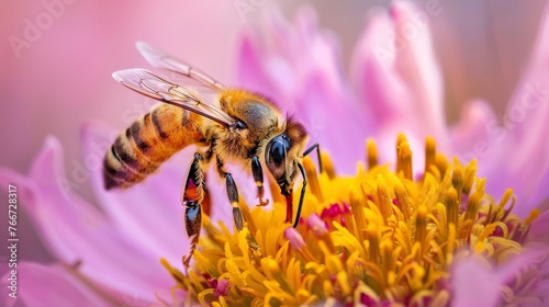 A macro view of a bee collecting pollen from a flower AI generated illustration