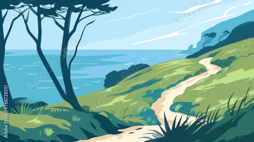 A minimalist representation of a coastal hiking trail with panoramic views AI generated illustration