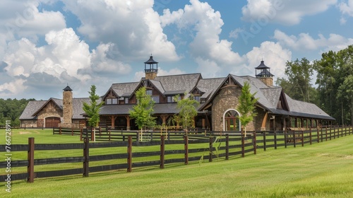 Equestrian Properties Detailed shots of equestrian estates and horse properties featuring barns pastures and riding facilities  AI generated illustration