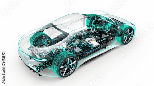 High-resolution 3D visualization of the blue-green outline of a car with energy storage system. Top-down technical drawing view. Battery charging port, system equipment, internal electrical equipment.