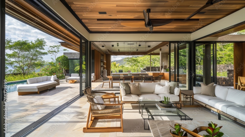Fototapeta premium Indoor-outdoor living space with sliding glass doors AI generated illustration