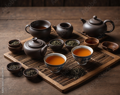 
set for a tea ceremony with different types of tea and beautiful dishes, on a wooden floor