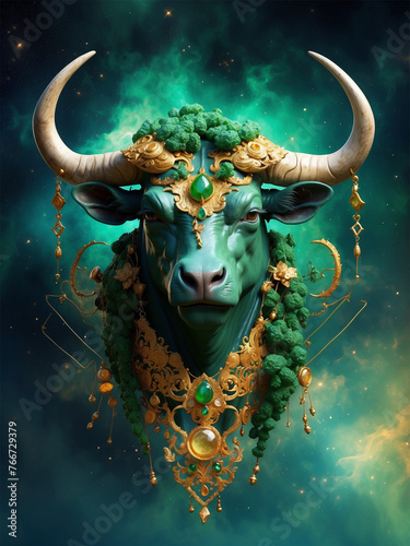  zodiac sign Taurus in green decor with gold, starry sky and fog in the background