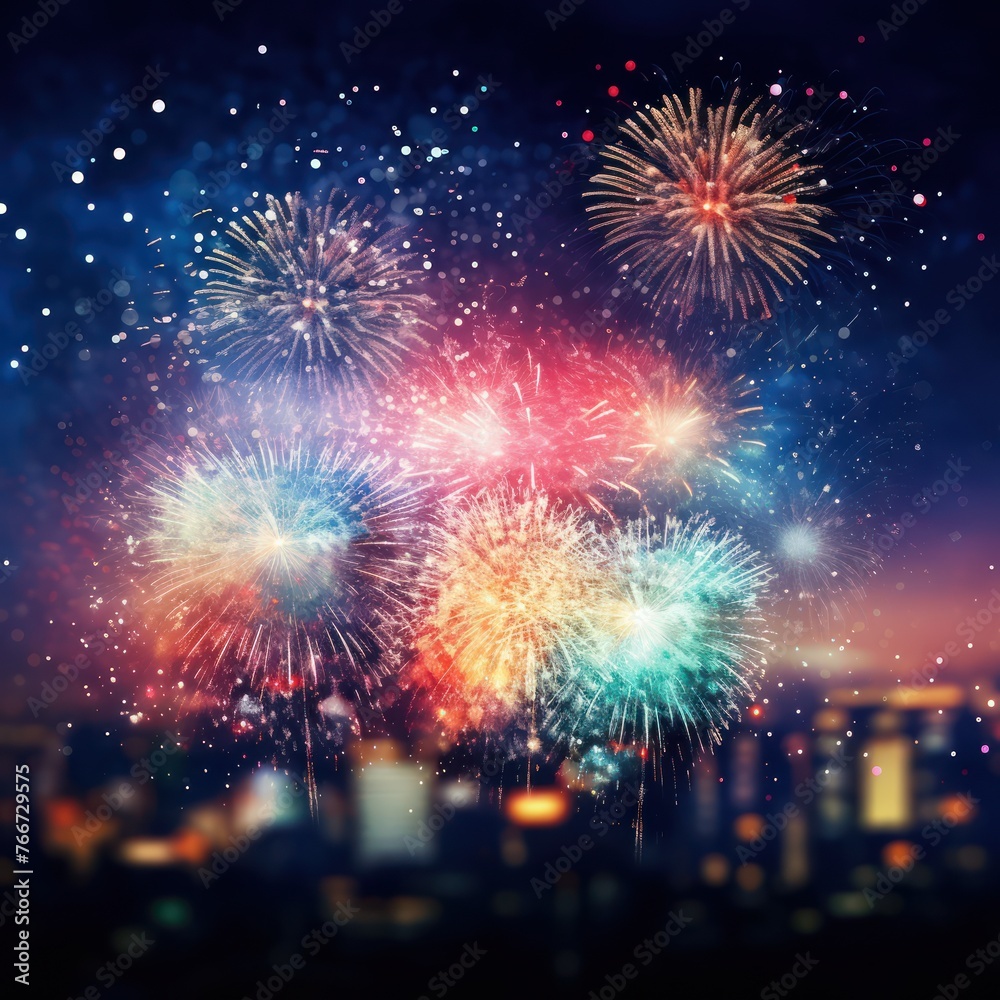 illustration - colorful fireworks in the night sky, bokeh blur background, out of focus city lights, background image.