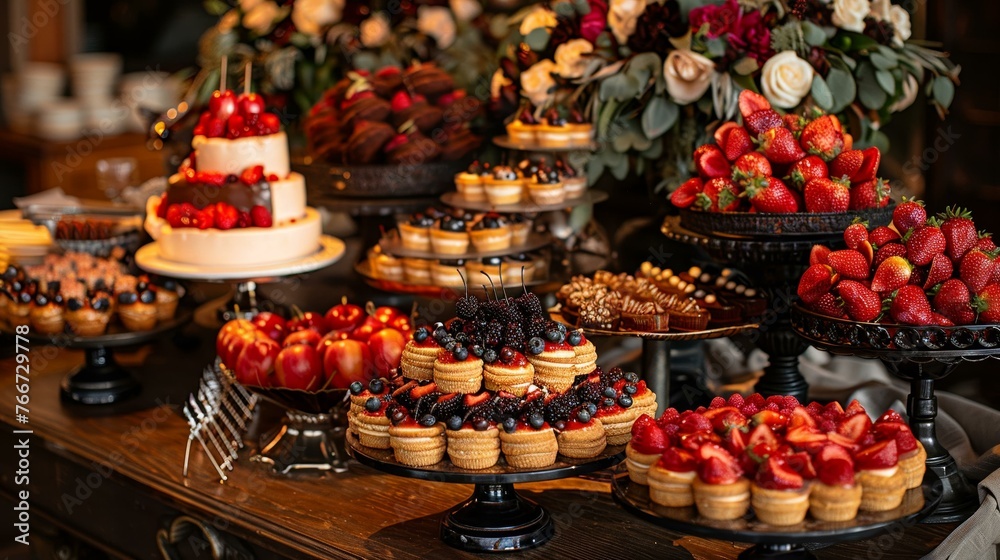 A dessert table at a party, where each item subtly features a devil's tail or horns