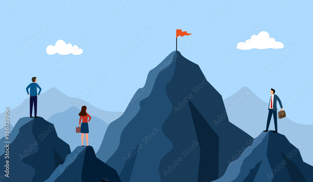 Winning Business Competition. Businesspeople try getting career achievement on Mountain Top. Trying Overcome Competitor. - obrazy, fototapety, plakaty 