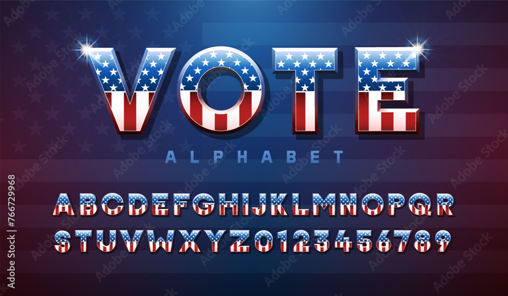 United States of America alphabet typography design with letters and numbers. Bold 3d typeface font effect set themed with american USA flag colors and elements - obrazy, fototapety, plakaty 