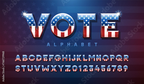 United States of America alphabet typography design with letters and numbers. Bold 3d typeface font effect set themed with american USA flag colors and elements photo