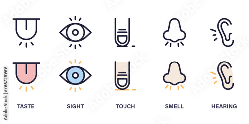 Five senses icon set: taste, sight, touch, smell, hearing - line art thin line Illustration symbols for sensory perception and human experience #766729969
