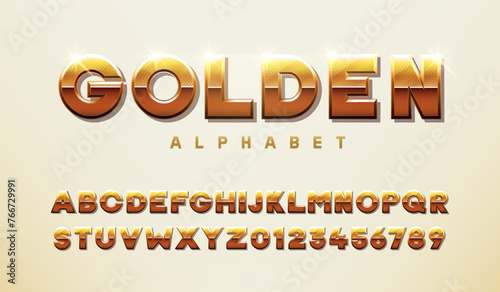 Golden 3d font alphabet and numbers set with Shiny Metallic Finish. Premium design vector typeface effect