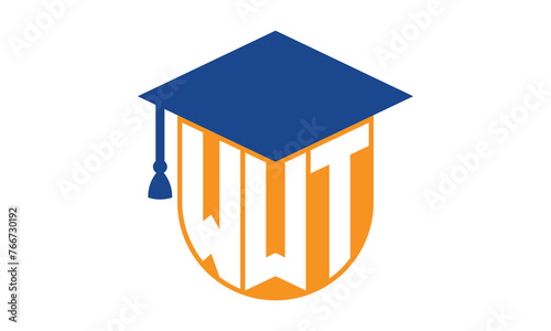 WWT initial letter academic logo design vector template. school college logo, university logo, graduation cap logo, institute logo, educational logo, library logo, teaching logo, book shop, varsity photo