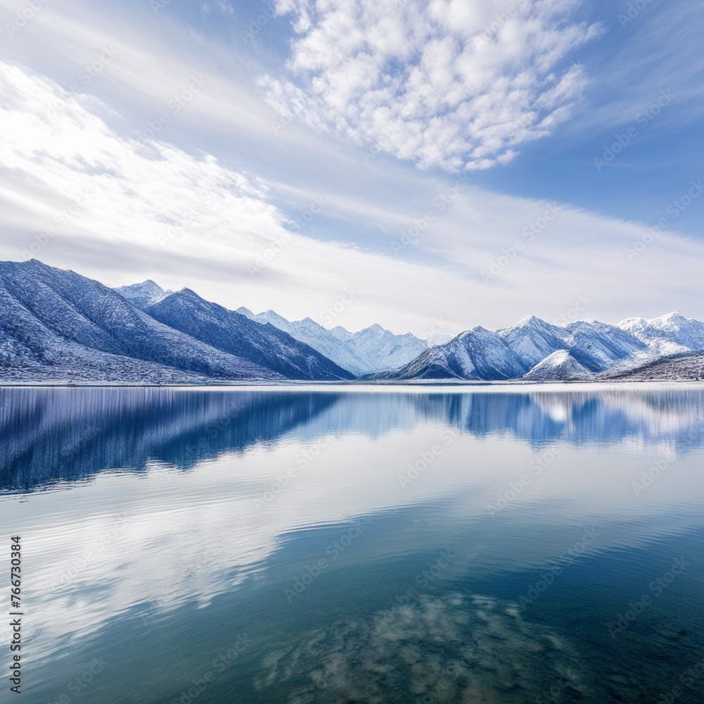 Mountain range reflected in the calm water surface of Lake Baikal