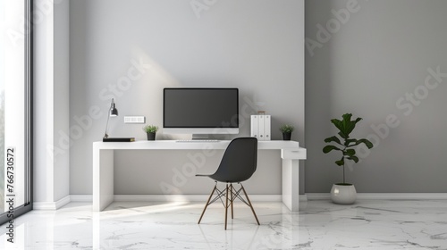A minimalist office space with a simple desk a few carefully selected decor pieces and ample natural light promoting a clutterfree and focused work environment. © Justlight