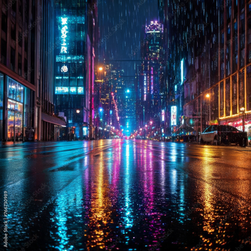 Rainy day in night city. Blurred background.