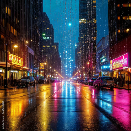 Rainy day in night city. Blurred background. © Steve