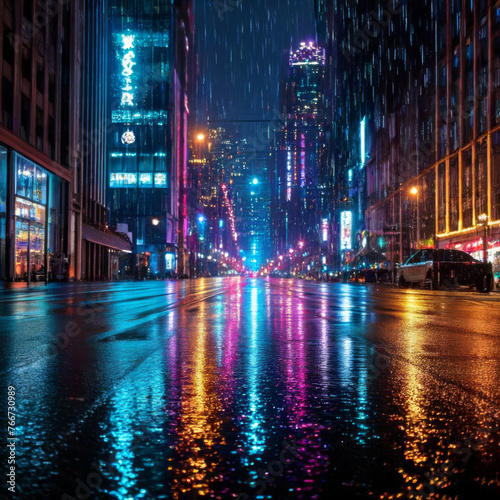 Rainy day in night city. Blurred background.