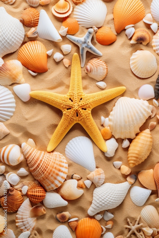 Seashells and starfish on the sand