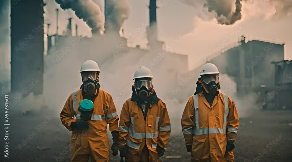 Group of Asian workers in gas masks and safety helmets against an industrial plant in the fog. The concept of industrial impact on worker health and the environment
