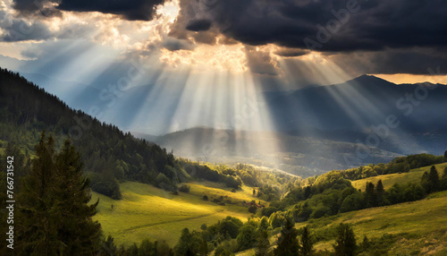 Vivid sun rays pierce through ominous storm clouds, illuminating darkness with hope and resilience