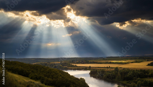 Vivid sun rays pierce through ominous storm clouds, illuminating darkness with hope and resilience
