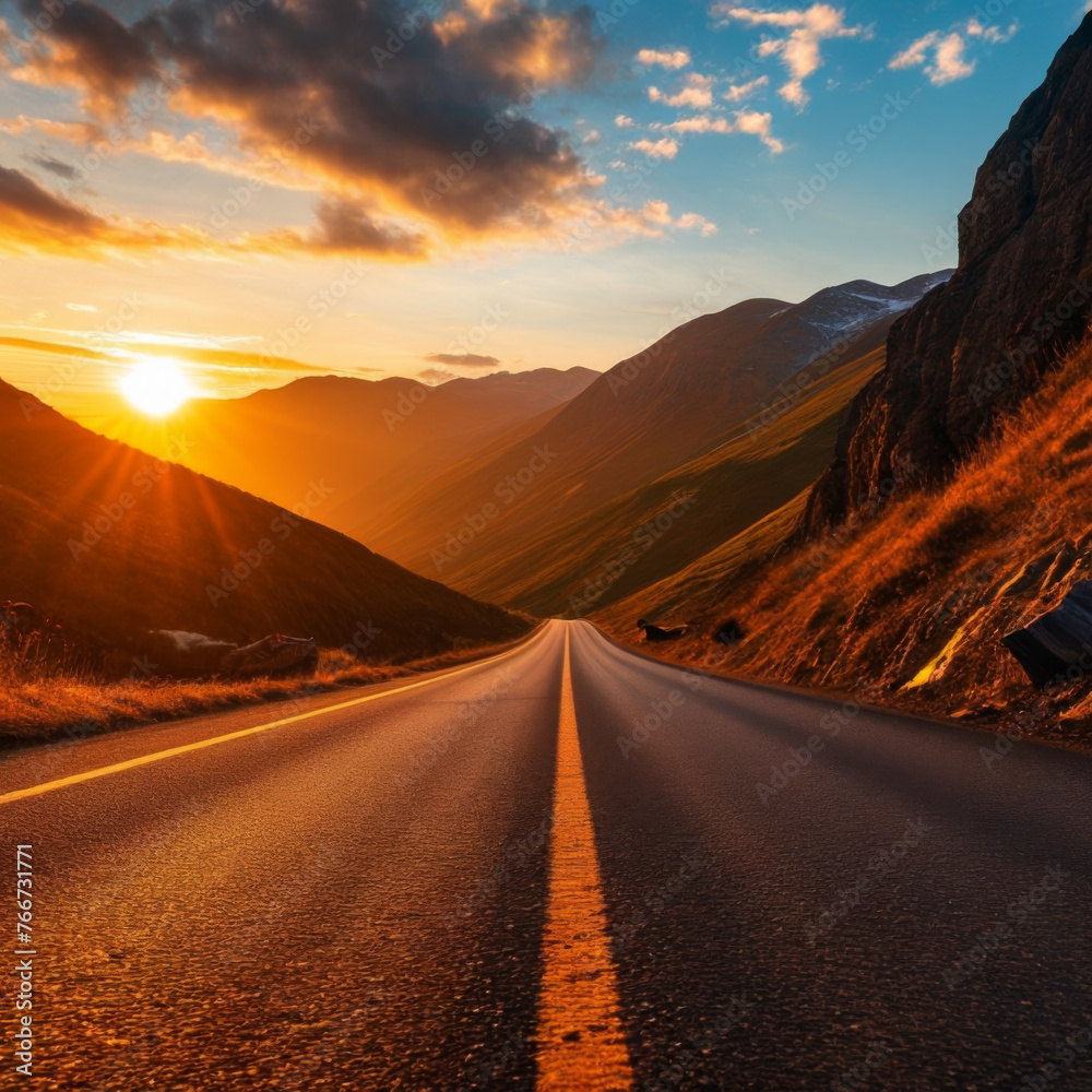 Road in the mountains at sunset. Landscape with asphalt road.