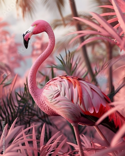 Elegant Flamingo in a Tropical Waterscape with Vibrant Foliage