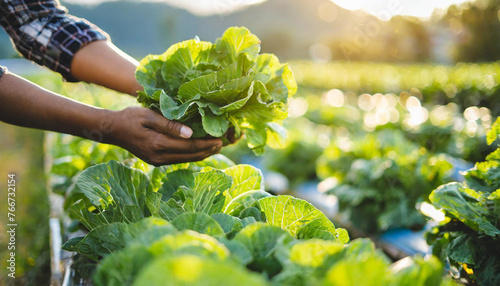 Hands tenderly harvest vibrant veggies on an organic farm, epitomizing health and sustainability photo