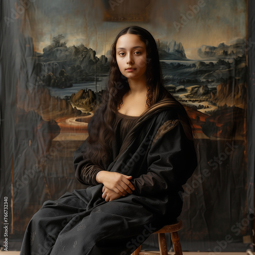 Mona Lisa Reimagined with a Renaissance Landscape Backdrop photo