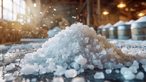 Sea salt farm. Pile of white salt. Raw material of salt industrial. Sodium Chloride mineral. Evaporation and crystallization of sea water. White salt harvesting. Agriculture industry