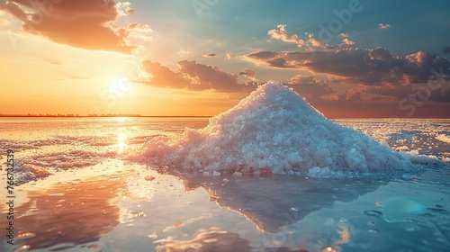 Sea salt farm. Pile of white salt. Raw material of salt industrial. Sodium Chloride mineral. Evaporation and crystallization of sea water. White salt harvesting. Agriculture industry photo