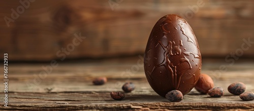 Chocolate-filled Easter egg on a wooden background with focus on it. Space for text. photo