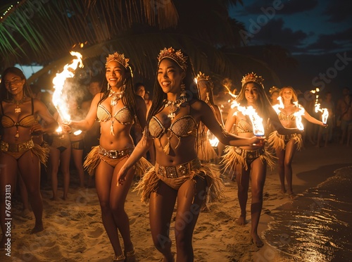 Beachside evening, fire dancers, cultural showcase, tropical night © akarawit