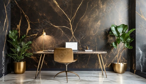 Office desk, dark brown and gold, marble detailed walls, luxury home office