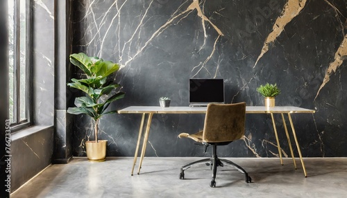 Luxury home office, brown marble wall, minimalist office