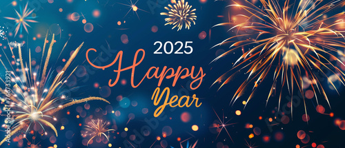 A colorful Happy New Year card filled with bright fireworks lighting up the night sky, celebrating the arrival of the new year in a joyful and festive manner