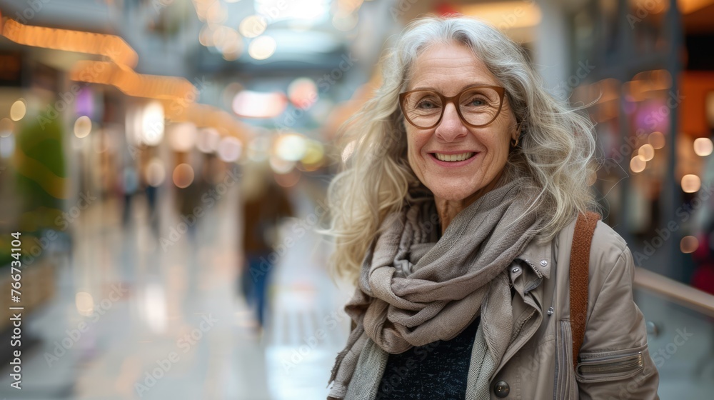Smiling senior woman wearing winter clothes and glasses in the mall. Happy mature gray haired lady shopping. AI Generated