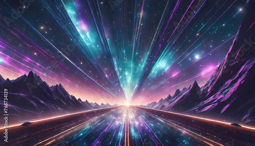 neon hyper flight through hyperspace stars, time warp travel in space. Conceptual illustration of futuristic journey