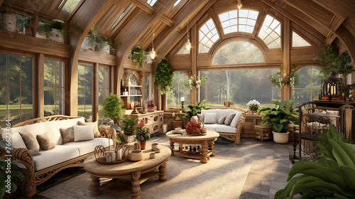 Embracing Serenity  A Captivating Traditional Sunroom Adorned with Lush Indoor Greenery  Beckoning Tranquility and Natural Harmony Within Its Inviting Ambiance