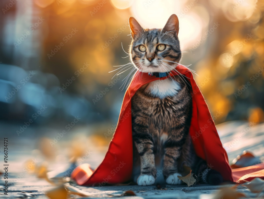Autumn Vigilante: Tabby Cat Cloaked in a Red Superhero Cape Autumn Vigilante: Tabby Cat Cloaked in a Red Superhero Cape