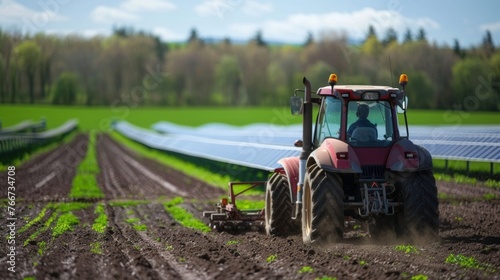 An electric tractor plowing the fields its battery charged by the solar panels showcasing the farms commitment to ecofriendly and . AI generation.