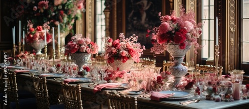 A long table in the house building was adorned with pink flowers and magenta vases, creating a beautiful display for the event with elegant tableware