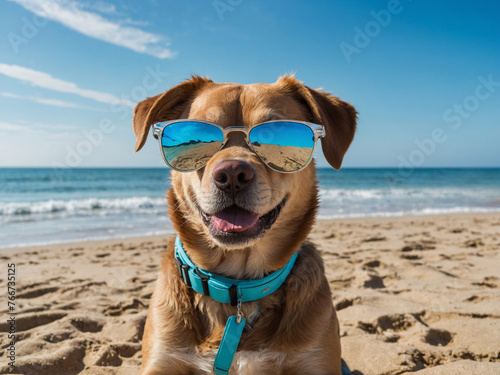 Dog wearing sunglasses vacation at the beach on summer. © pornpun