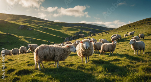 flock of sheep grazing on a vast meadow with a majestic mountain range in the background as sunset sky.