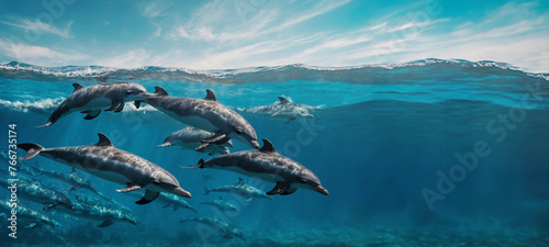 dolphins swimming playfully in the waves. World Oceans Day concept.