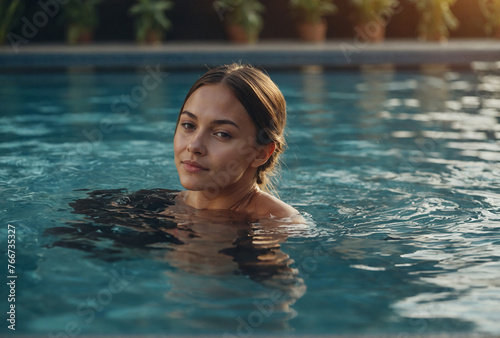 Beauty Sensual Young Woman Relaxing In Outdoor Spa Pool.